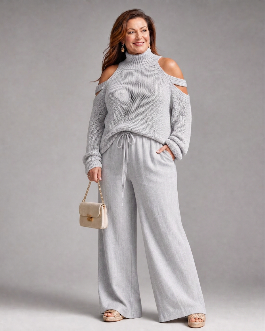 Vesper | Sweter z odkrytymi ramionami i szerokimi spodniami