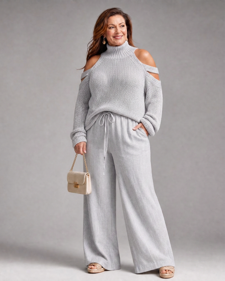 Vesper | Sweter z odkrytymi ramionami i szerokimi spodniami