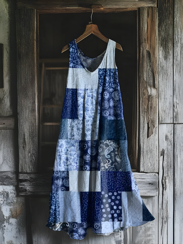 Iona - Vintage Sukienka z Patchworku Lnianego